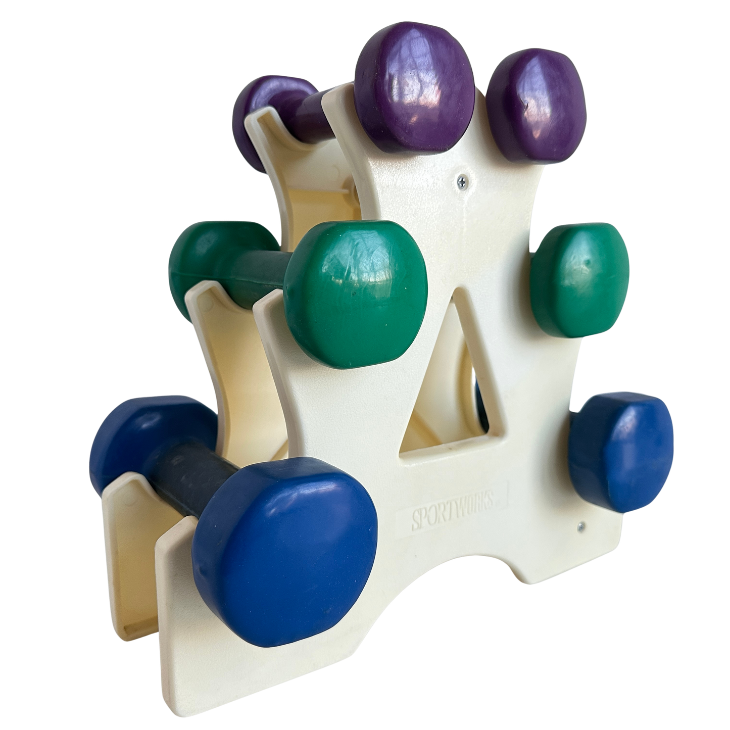 SP032 VINTAGE SPORTWORKS PURPLE, GREEN, AND BLUE DUMBBELLS WITH STAND
