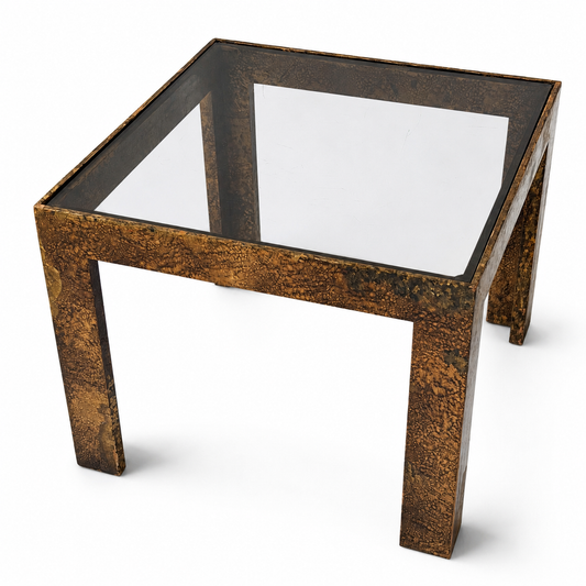TB034 LIGHTLY DISTRESSED TORTOISE SHELL FINISH SIDE TABLE WITH TINTED GLASS TOP