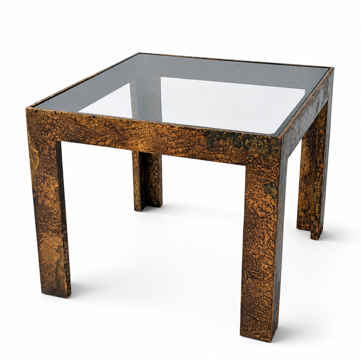 TB034 LIGHTLY DISTRESSED TORTOISE SHELL FINISH SIDE TABLE WITH TINTED GLASS TOP