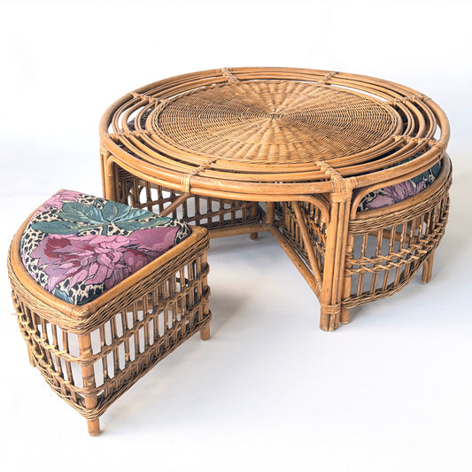 TB039 RATTAN COFFEE TABLE WITH NESTING STOOLS
