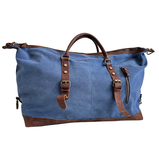 TL010 BLUE CANVAS AND BROWN LEATHER DUFFEL BAG