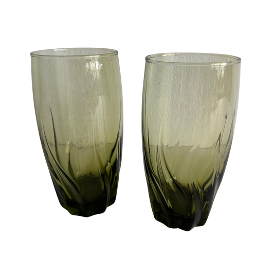 TT033 SET OF TWO TALL GREEN TINTED TWISTY WAVY GLASSES