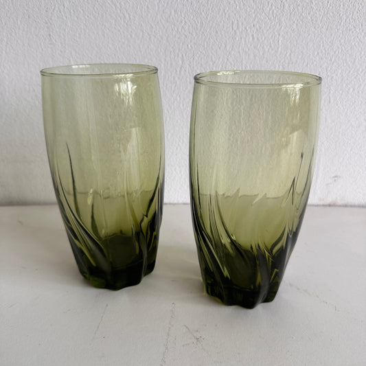 TT033 SET OF TWO TALL GREEN TINTED TWISTY WAVY GLASSES