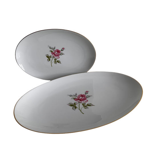 TT072 GOLD RIMMED WHITE PORCELAIN ROSE PLATTERS
