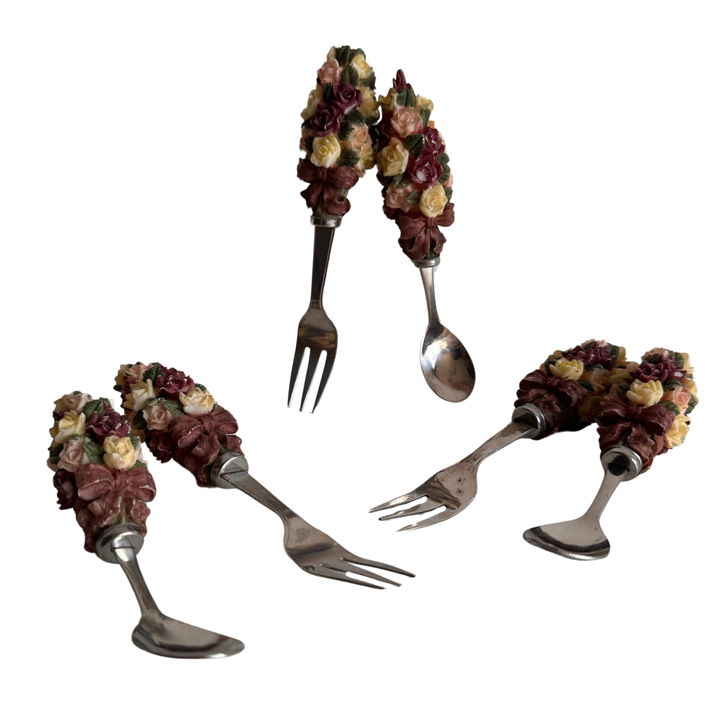 TT081 THREE SETS OF FLORAL HANDLE FORKS AND SPOONS
