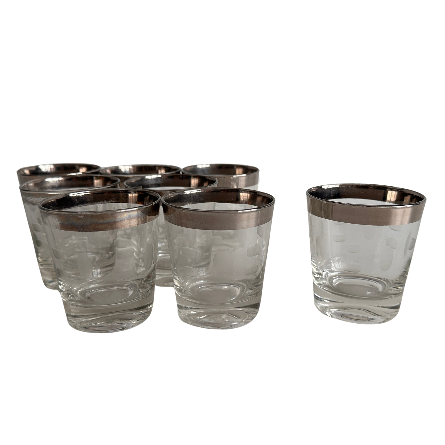 TT089 SET OF EIGHT PLATINUM RIM FROSTED PATTERN ROCKS GLASSES