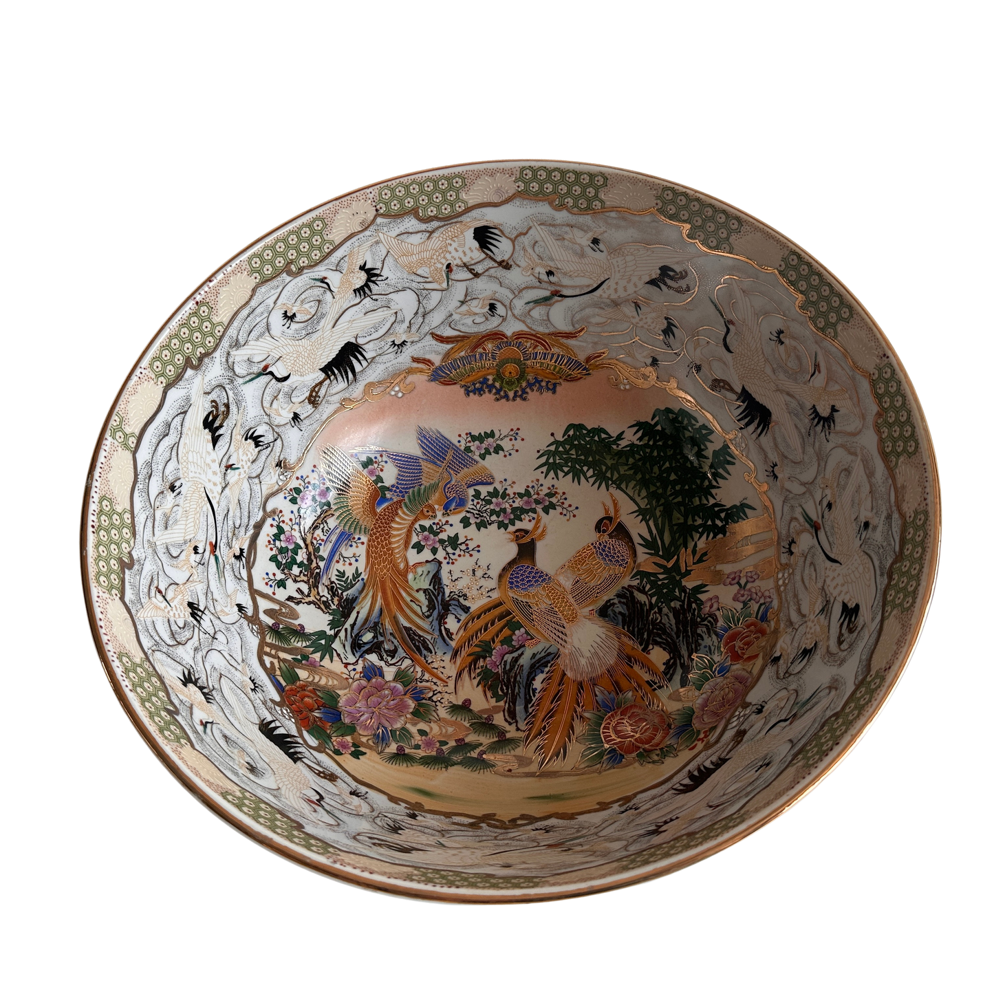TT092 VINTAGE JAPANESE CERAMIC “A THOUSAND CRANES” CENTERPIECE BOWL