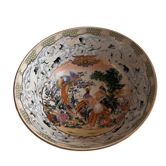 TT092 VINTAGE JAPANESE CERAMIC “A THOUSAND CRANES” CENTERPIECE BOWL