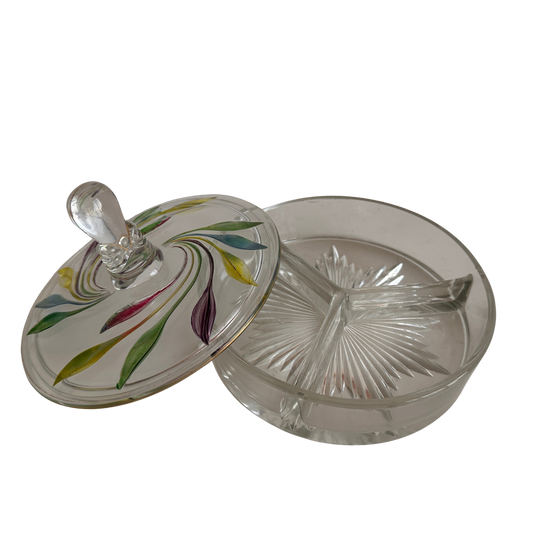 TT095 VINTAGE DIVIDED CLASS COVERED CANDY DISH WITH COLORFUL FLORAL DESIGN