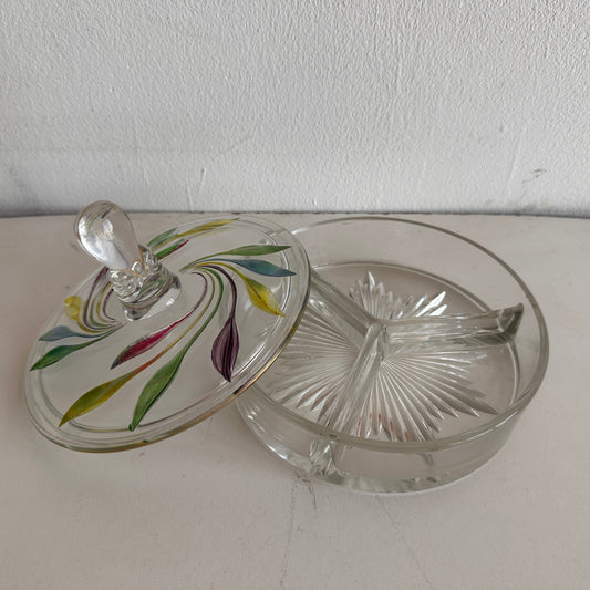 TT095 VINTAGE DIVIDED CLASS COVERED CANDY DISH WITH COLORFUL FLORAL DESIGN