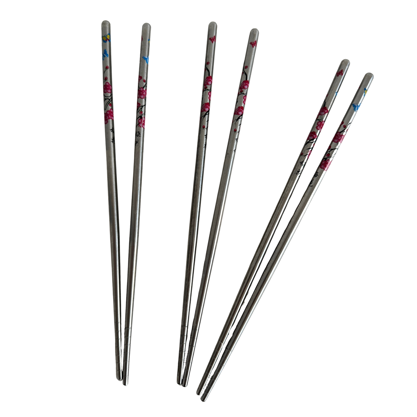 TT100 THREE PAIRS OF SILVER CHOPSTICKS WITH PINK FLOWERS AND BUTTERFLIES
