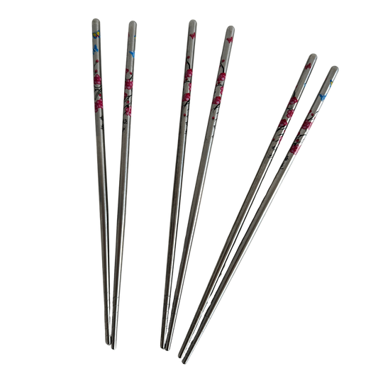 TT100 THREE PAIRS OF SILVER CHOPSTICKS WITH PINK FLOWERS AND BUTTERFLIES