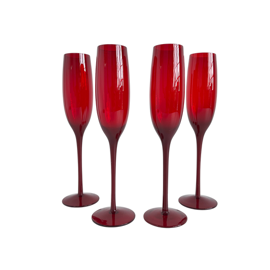 TT119 SET OF 4 RED GLASS CHAMPAGNE FLUTES