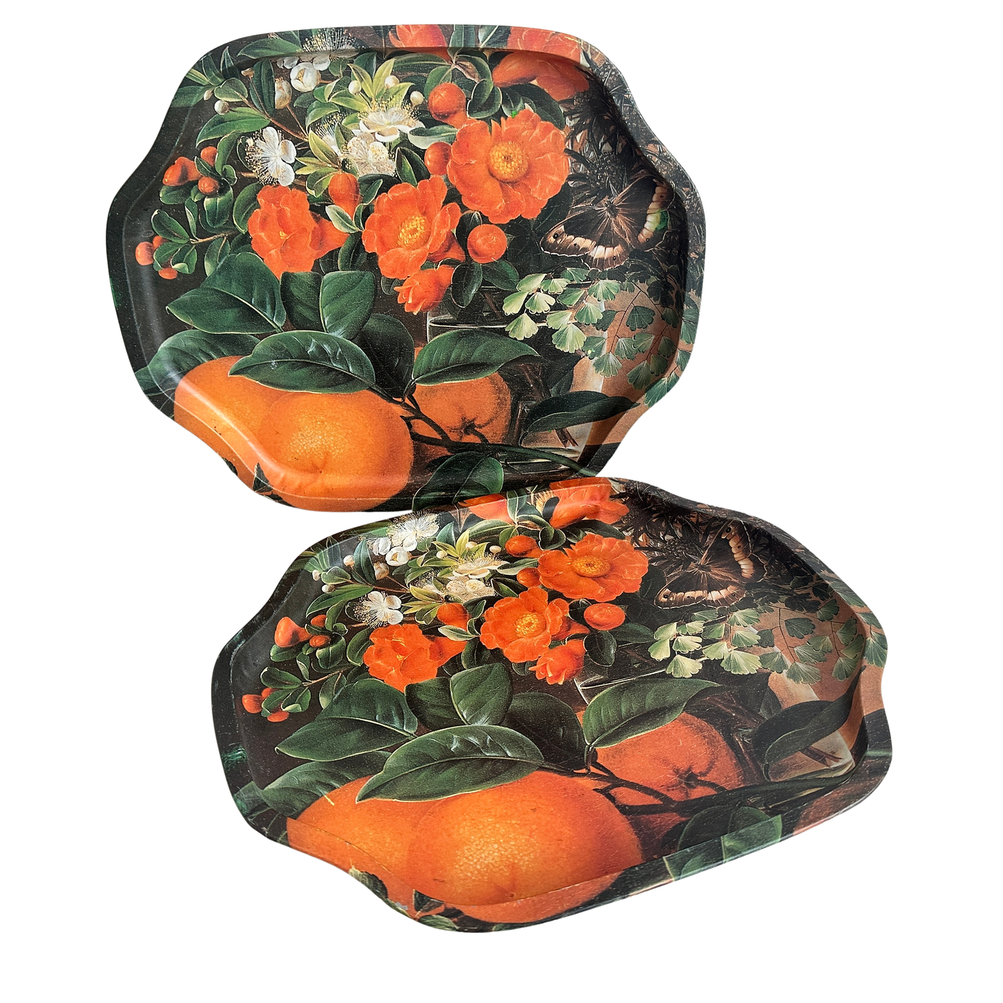 TT131 PAIR OF ORANGE FLORAL TIN TRAYS