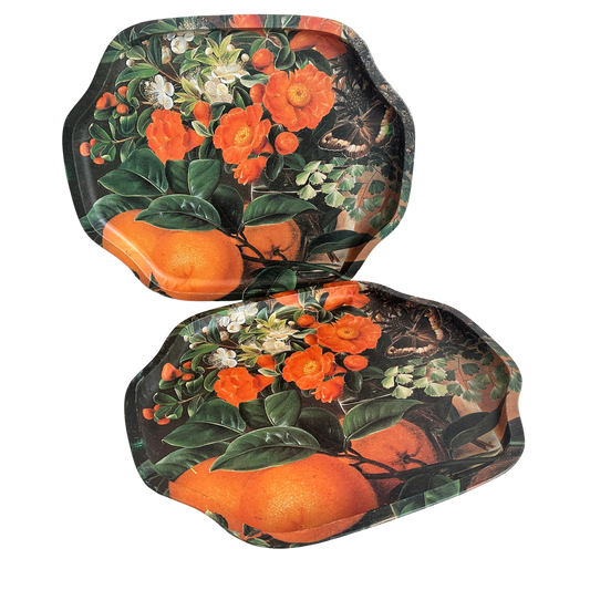 TT131 PAIR OF ORANGE FLORAL TIN TRAYS