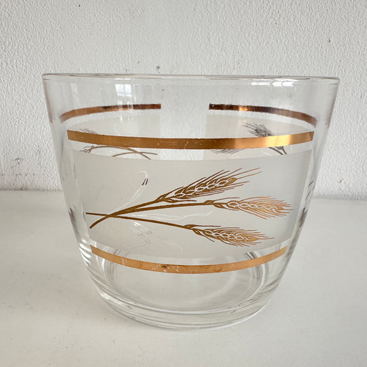 TT136 VINTAGE FROSTED GLASS ICE BUCKET WITH GOLD WHEAT DETAIL