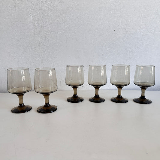 TT148 SET OF 6 SMOKED BROWN LIBBY TAWNY ACCENT WINE GLASSES