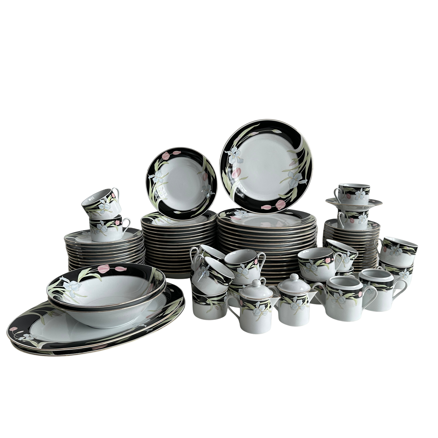TT159 BLACK & WHITE FLORAL CHINA SET, SERVICE FOR 16