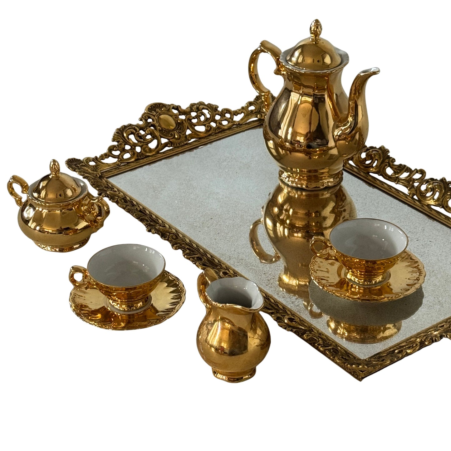 TT161 GOLD PLATED PORCELAIN TEA SET WITH MIRRORED TRAY