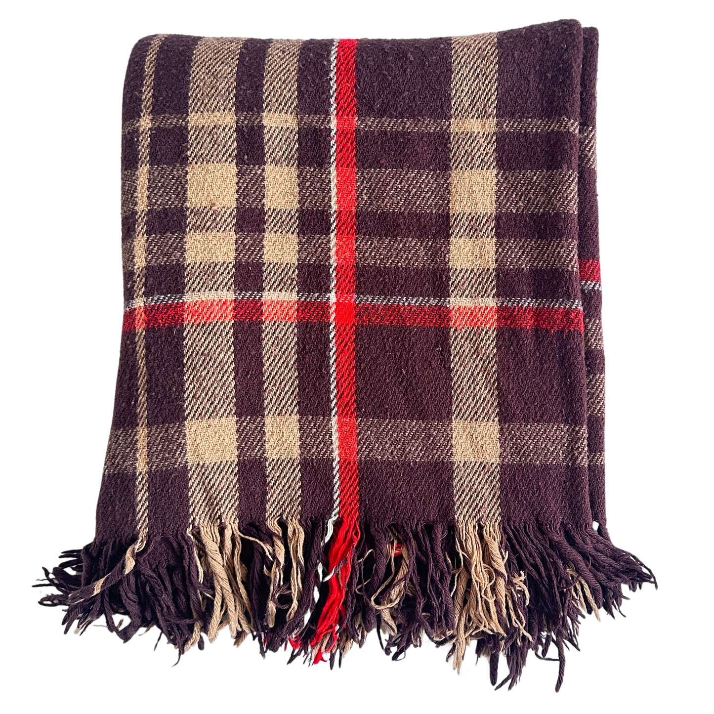 TW004 BROWN AND RED PLAID WOOL THROW BLANKET