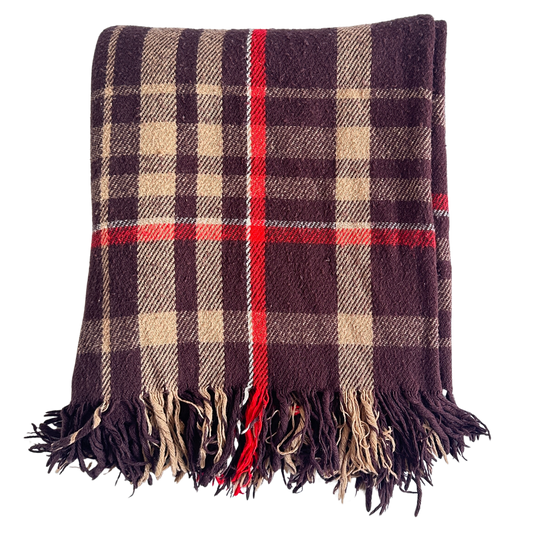 TW004 BROWN AND RED PLAID WOOL THROW BLANKET