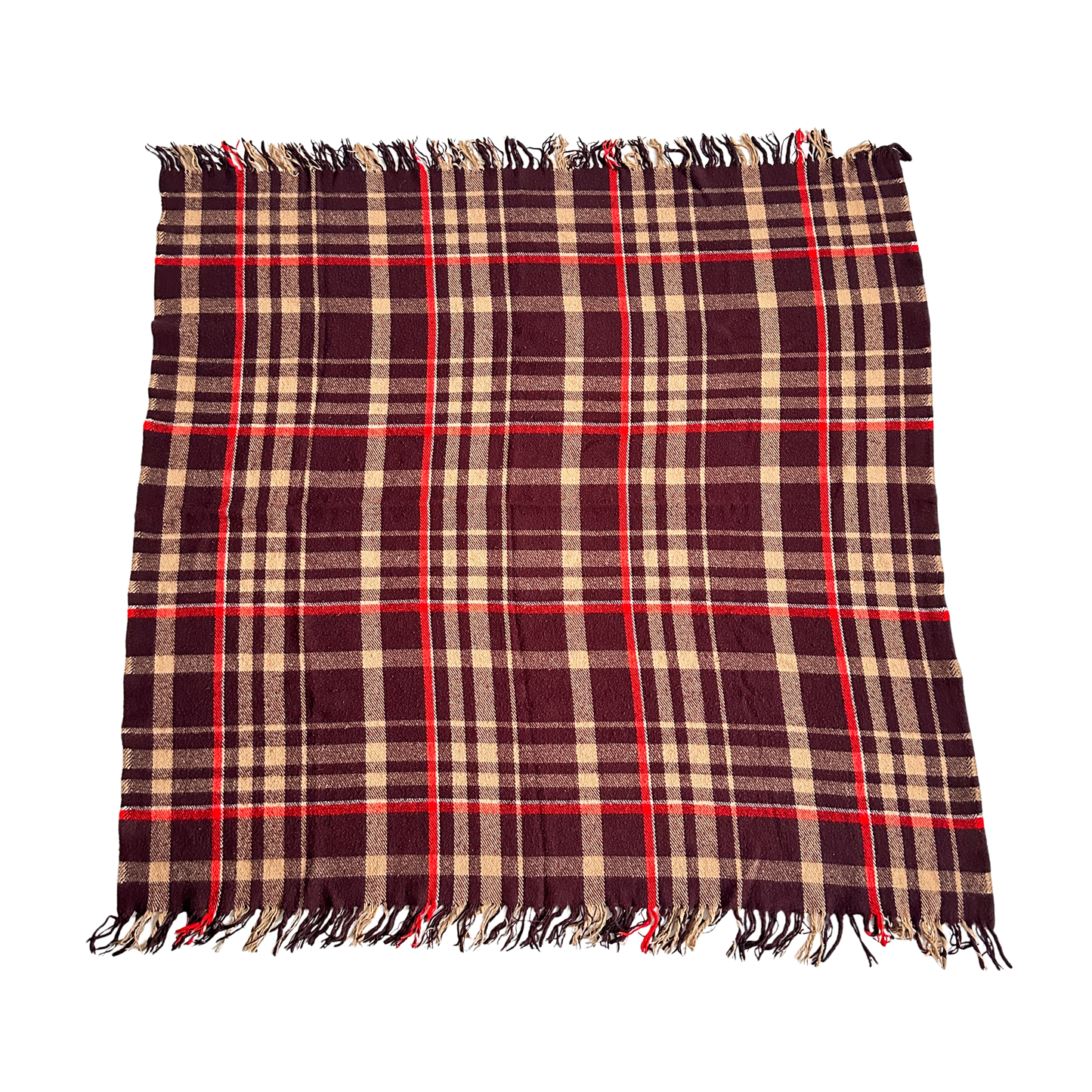 TW004 BROWN AND RED PLAID WOOL THROW BLANKET