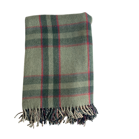 TW005 GREEEN, RED, & TAN WOOL THROW BLANKET