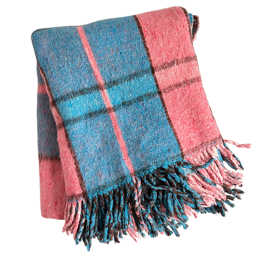 TW008 PINK, BLUE & BROWN PLAID THROW BLANKET