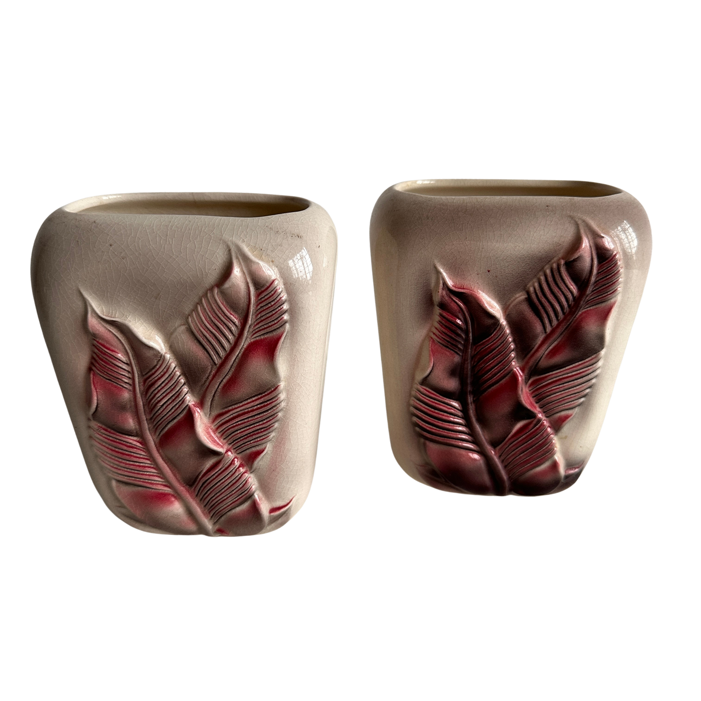 VS017 PAIR OF PINK LEAF CERAMIC VASES