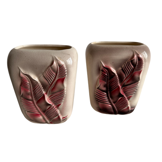 VS017 PAIR OF PINK LEAF CERAMIC VASES