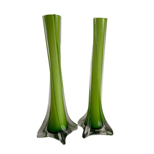 VS027 PAIR OF GREEN GLASS TWIZT VASES