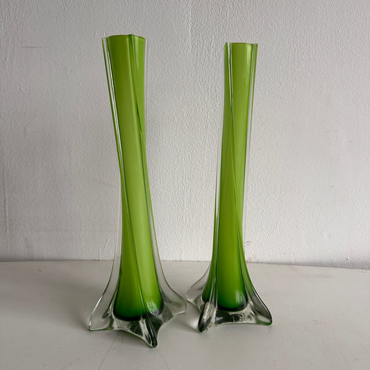 VS027 PAIR OF GREEN GLASS TWIZT VASES