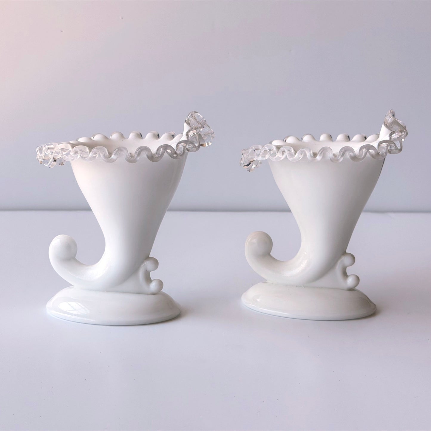 CA045 PAIR OF MILK GLASS CORNUCOPIA CANDLE HOLDERS